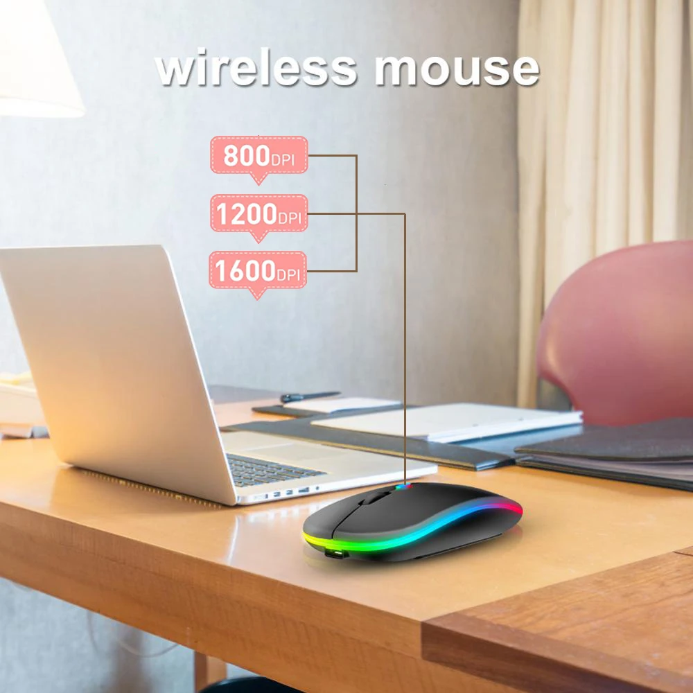 1600DPI Bluetooth 5.1 Wireless Mouse Rechargeable RGB Backlight for Laptop PC for Wireless Mouse