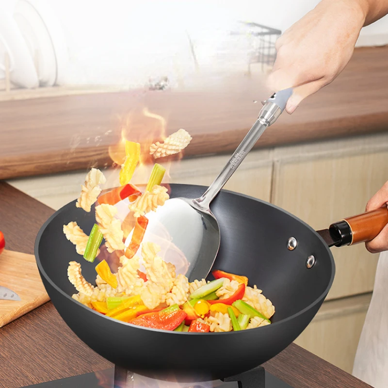 Wok chinois antiadhésif en fer avec couvercle, marmite, ustensiles de  cuisine, cuisinière à gaz, cuisinière à induction, 30cm, 32cm