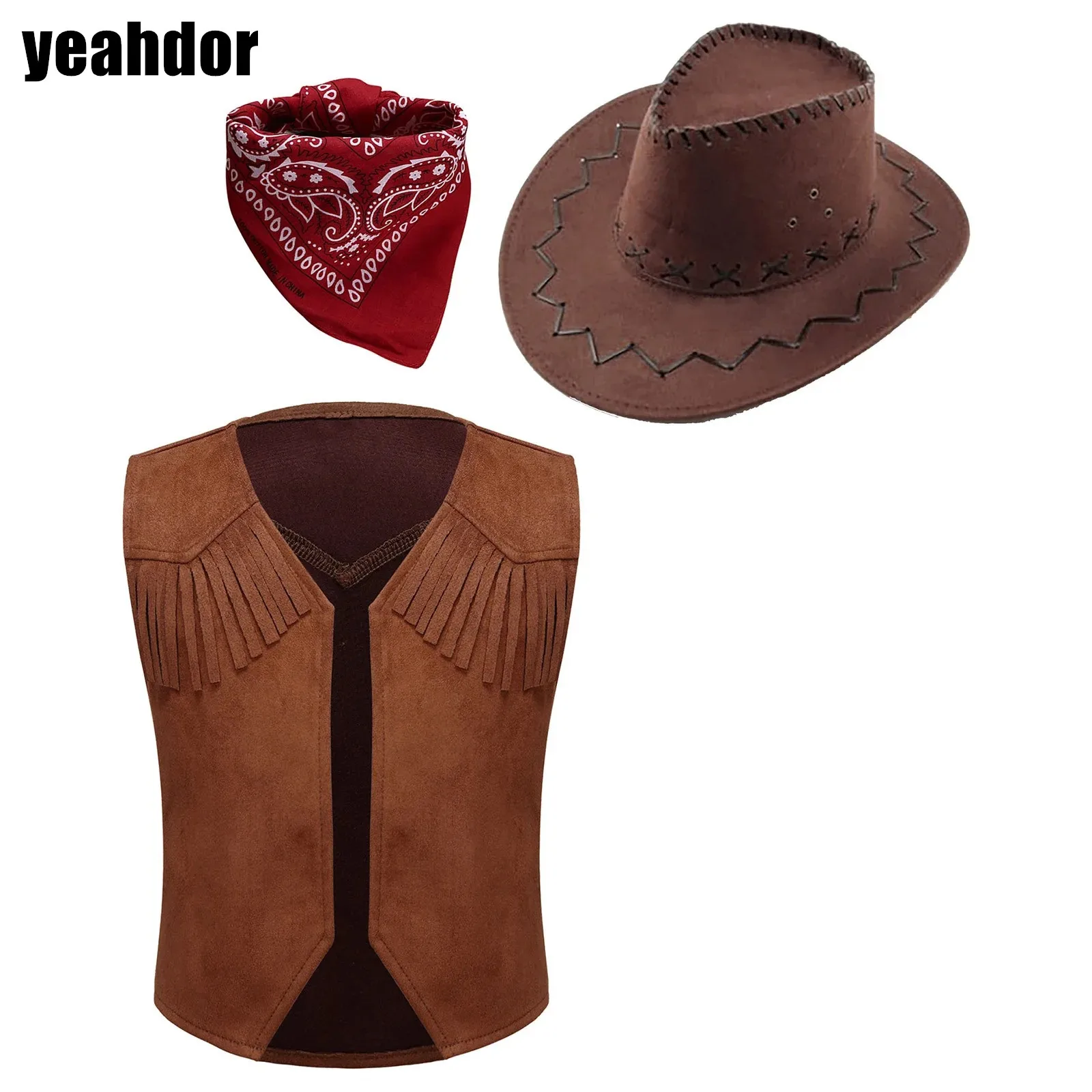 

Kids Boys Western Cowboy Costume Set Pointed Hem Fringe Decor Open Front Vest with Bandanna And Felt Drawstring Hat for Dress Up