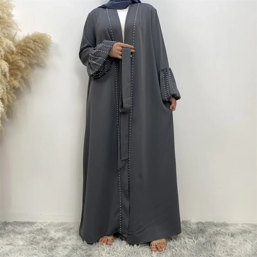 Abayas for Women Dubai 2024 Arabic Turkish Islamic Solid Color Beaded Lace-up Muslim Cardigan Robe Abaya Kimono Femme Musulmane