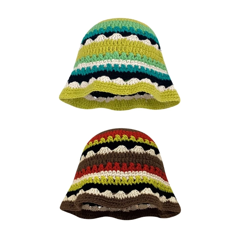 

Summer Sunproof Crochet Bucket Hat Ladies Spring Commute Camping Fisherman Cap with Stripe Pattern for Girlfriend NEW