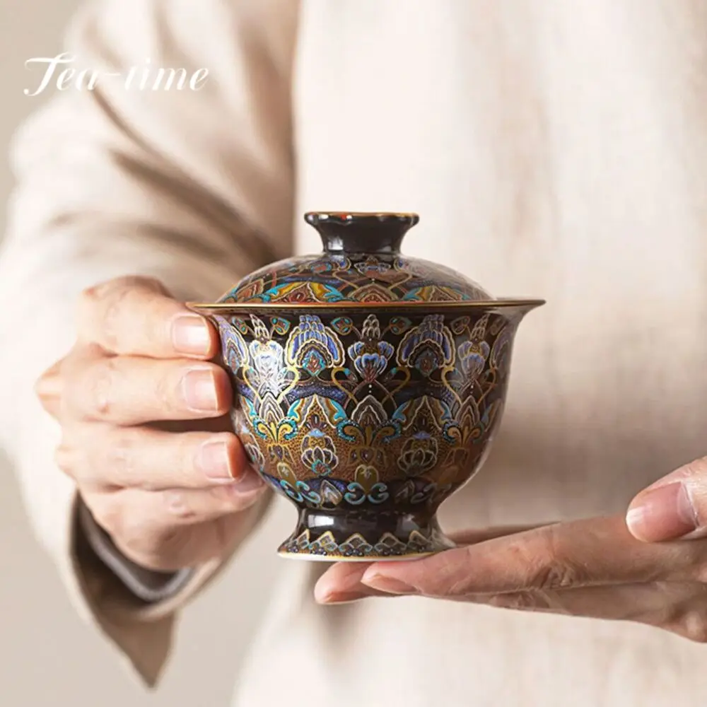 150ml Chinese Enamel Colored Gaiwan Ancient Hand Grasping Bowl Tea Lid Set Tea Tureen Maker Cover Bowl Items Ornaments