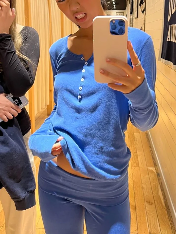 Six Buttons Royal Blue Long Sleeve T-shirts Women Autumn O-neck Cotton Slim Tee Tops New Preppy Style Solid Simple Basic Tshirts 1