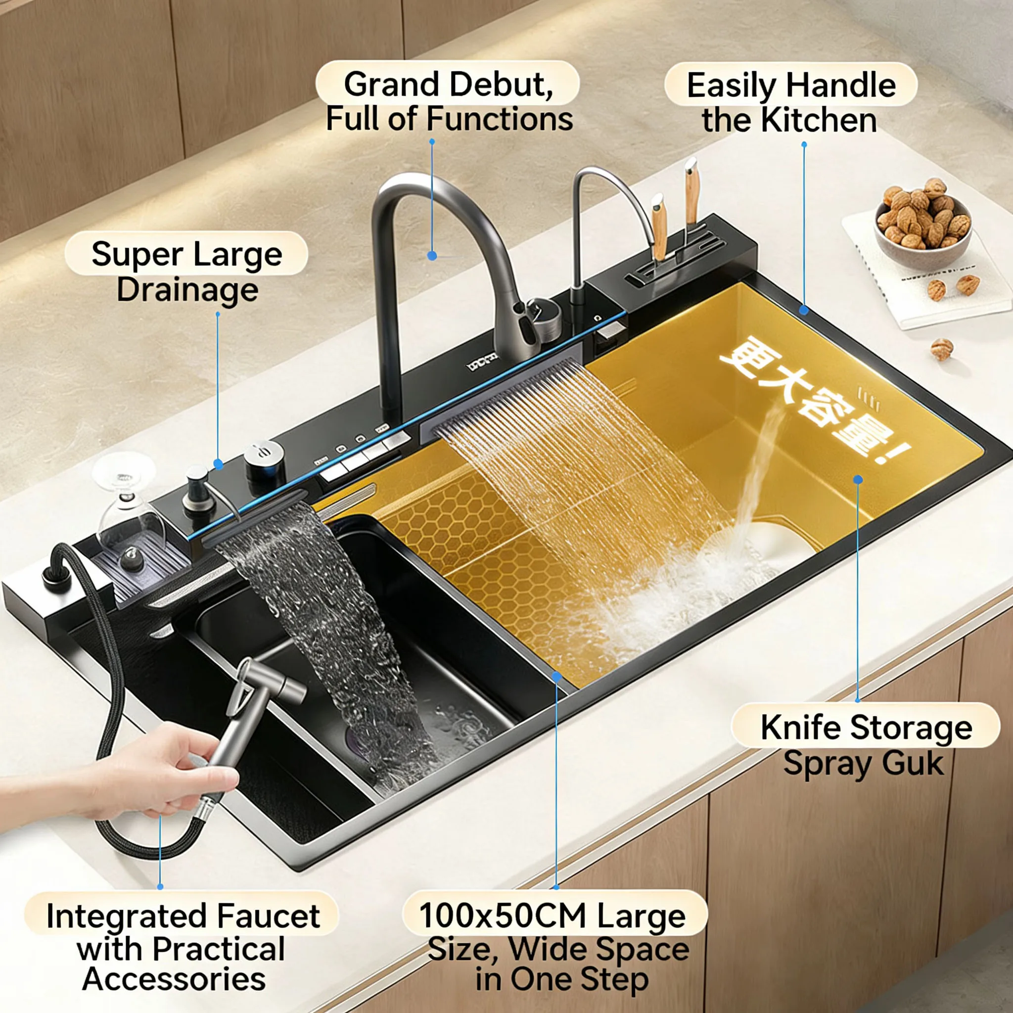 Stainless Steel Waterfall Kitchen Sink Embossed Large Single Slot Household Vegetable Basin Dishwashing Sink Left Side Drainage 1