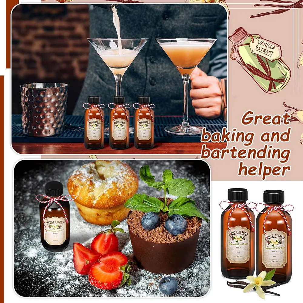 Amber Glass Bottle Boston Round Bottles Brown Vanilla Extract Bottles for Syrup Gift Glass Food Storage Canister Set Sauce Beans 6