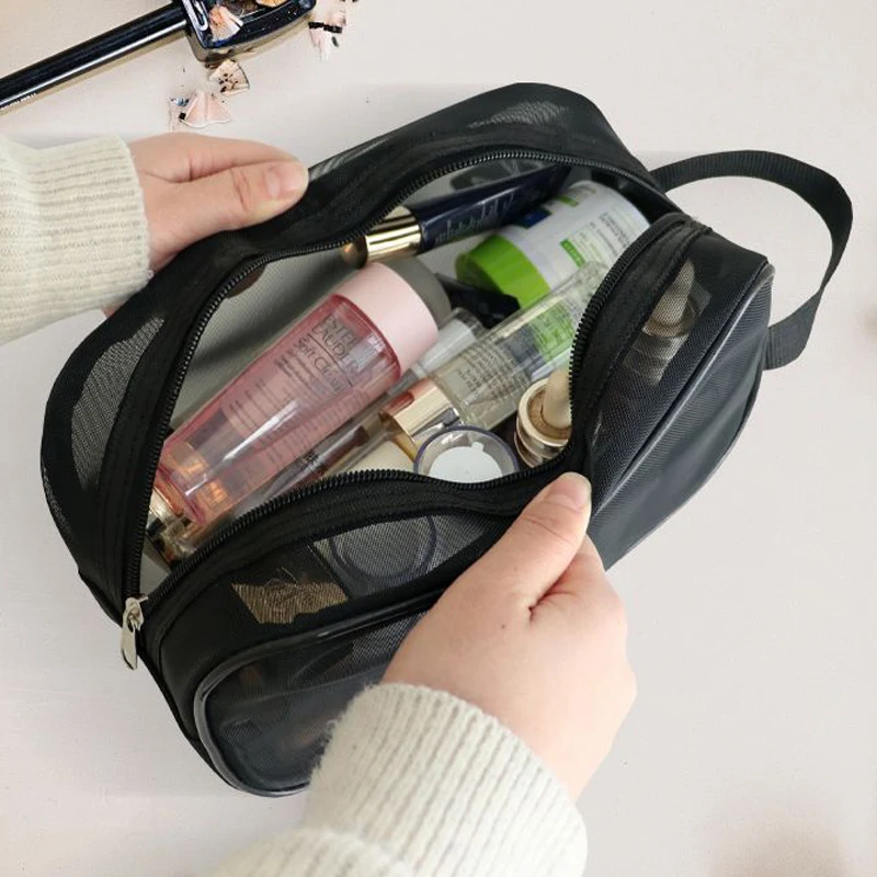 Black Rubber Mesh Portable Cosmetic Storage Bag