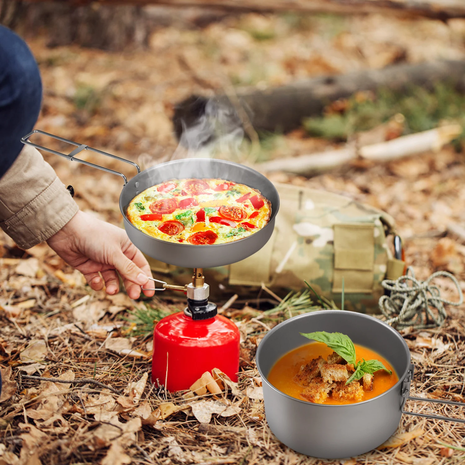 Titanium Camping Cookware Set With Lid And Foldable Handles_voghion.com