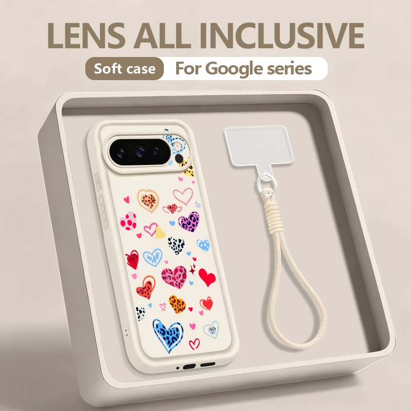 Colorful Love Heart Printed Phone Case with Wrist Strap Lanyard - Soft TPU Cover