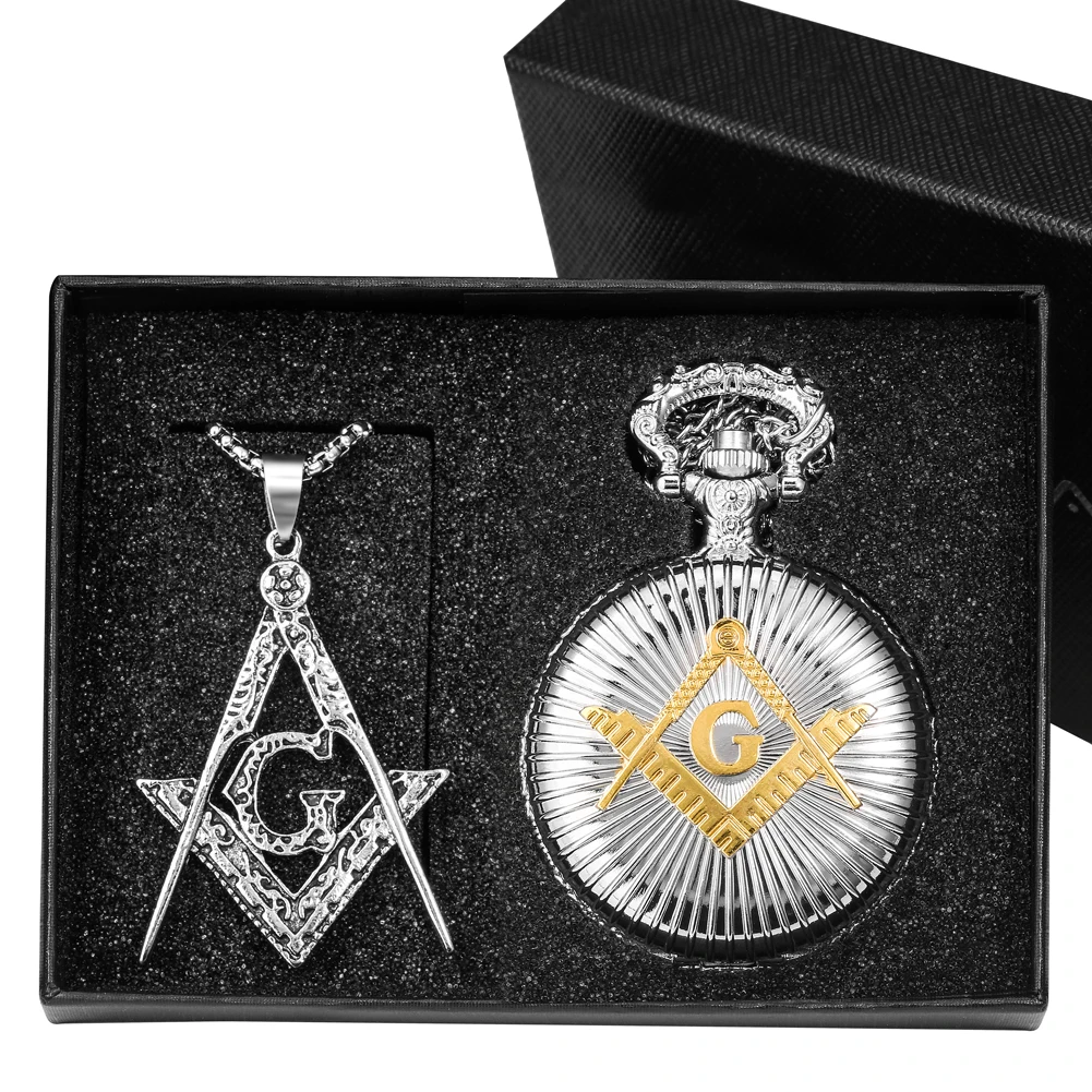 Masonic Pocket Watch Gift Set Necklace Pendant Quartz Clocks Men's Fashion Sweater Accessories Gifts Kit for Boyfriend Jewelry