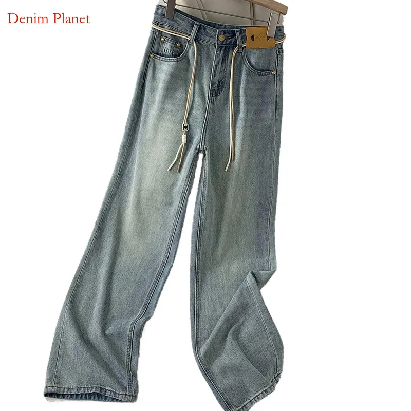 

Denim Planet Tian Si 2024 Spring Light Blue Fashionable High Waist Lace Long Tall Narrow Straight Leg Jeans For Women