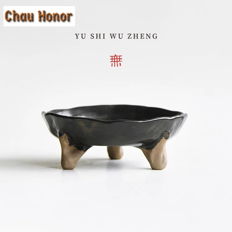 Japanese Wabi-sabi Style Coarse Pottery Tripodia Fruit Dishes Handmade Pastry Plate Sharing Plate Chinese Tea Set Decoration