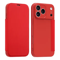Luxury Flip PU Leather Wallet Case with Card Pocket and Shockproof Protection - Liquid Silicone Cover - iPhone 17 Pro (Red)