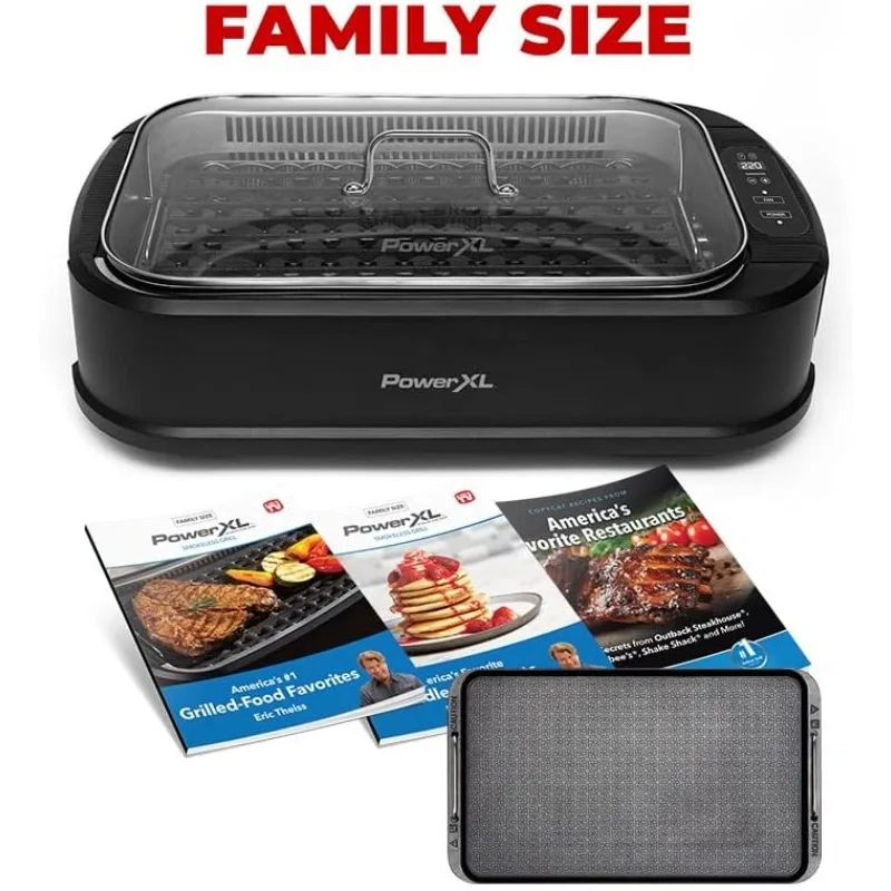 Smokeless Grill Family Size- with Tempered Glass Lid with Interchangeable Grill and Griddle Plate 22.1” X13.2” X 6.1 2