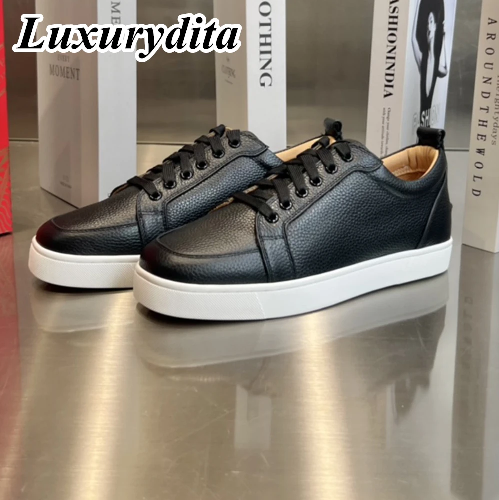 

LUXURYDITA Designer Men Casual Sneakers Real Leather Red sole Luxury Womens Tennis Shoes 35-47 Fashion Unisex loafers HJ903