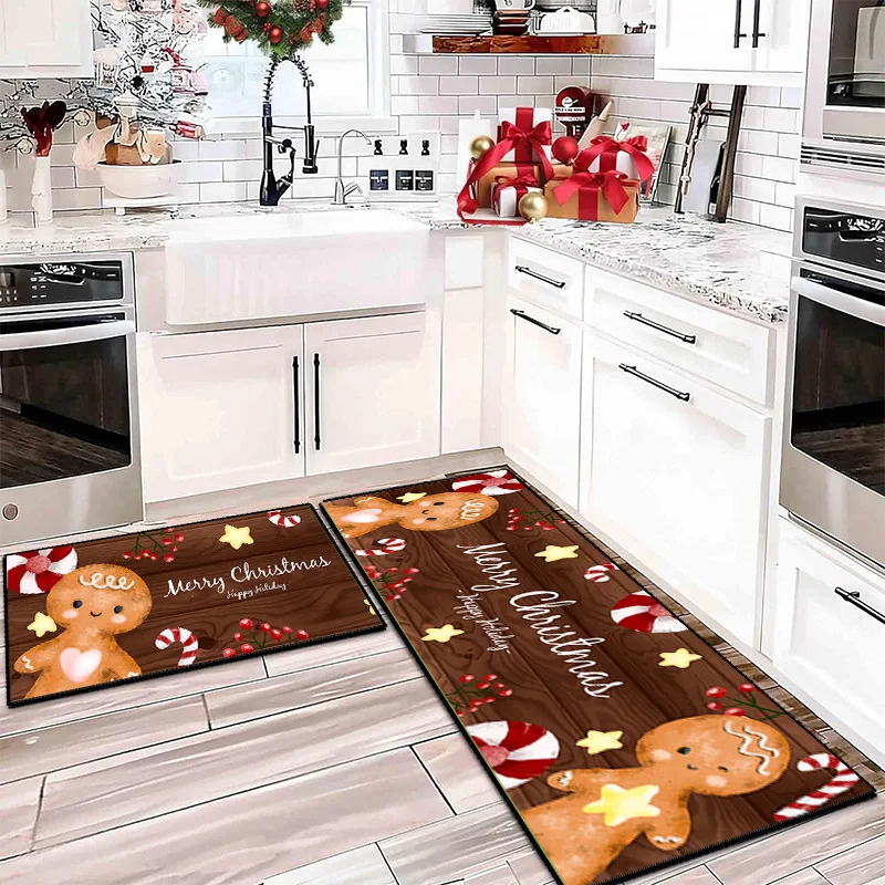 VIKAMA 1/2PC Cute Gingerbread Man Christmas Kitchen Mat Home Non-Slip ...