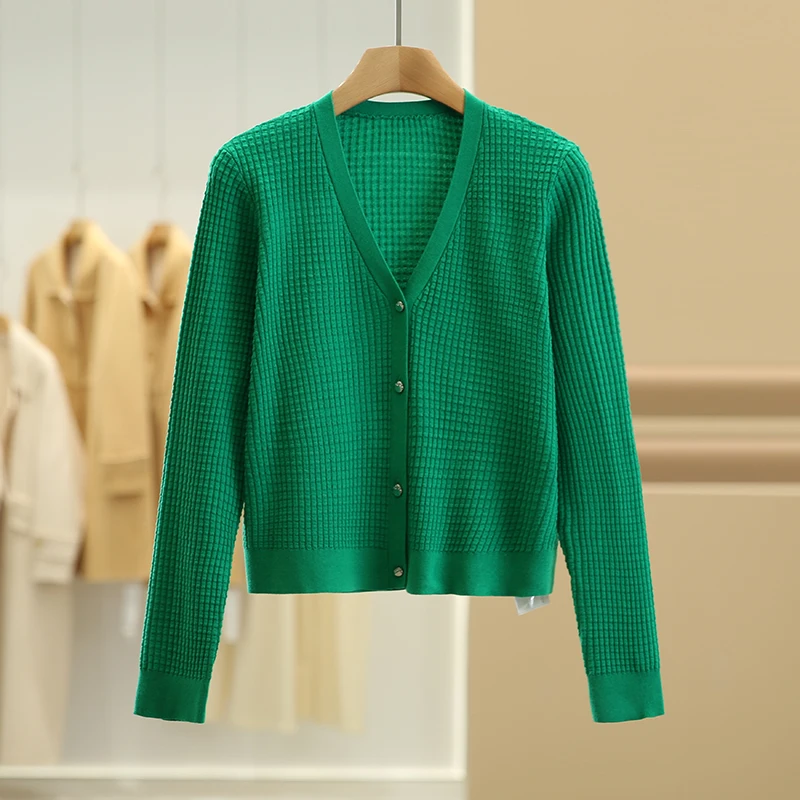 W 브랜드 니트 모직 스웨터 체크무늬 슬리밍 여성 패션 V넥 긴팔 가디건 아우터 가을 시즌