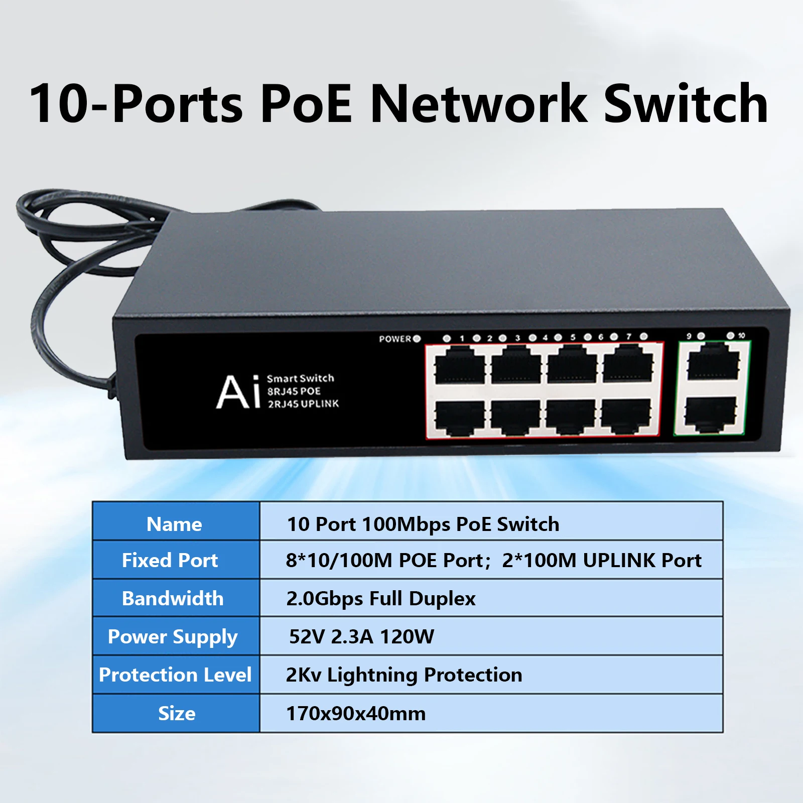 TEROW 스마트 스위치 이더넷 네트워크 스위치, IP 카메라, 와이파이 라우터용, 10 포트, 표준 PoE 스위치, 8 포트, 2 업 링크, 100Mbps