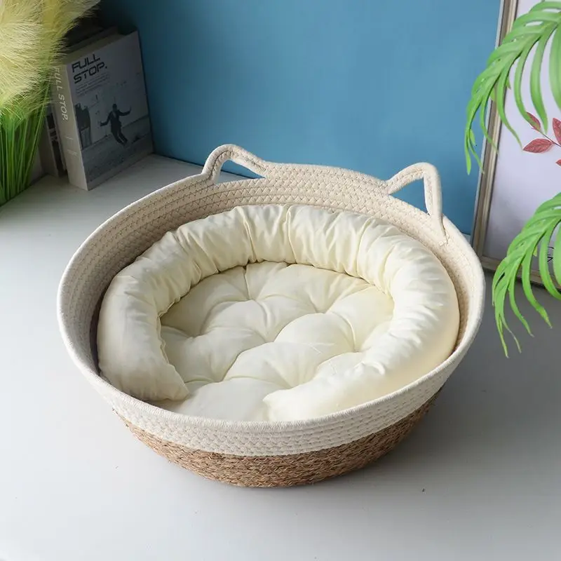 

OUZEY Rattan Woven Pet Cat Bed With Cushion Soft Warm Comfortable Sleeping Basket For Cats Four Seasons Puppy Kitten Bed