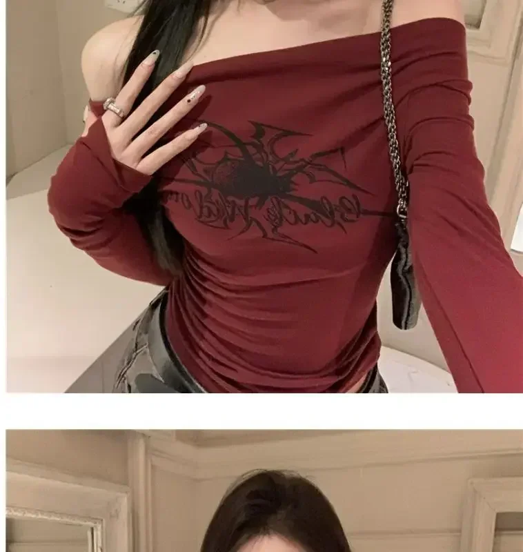 Camisetas de manga larga con cuello oblicuo para mujer, camisetas vintage sexys ajustadas, ropa de calle Y2k, camisetas para mujer, ropa nueva de primavera y verano