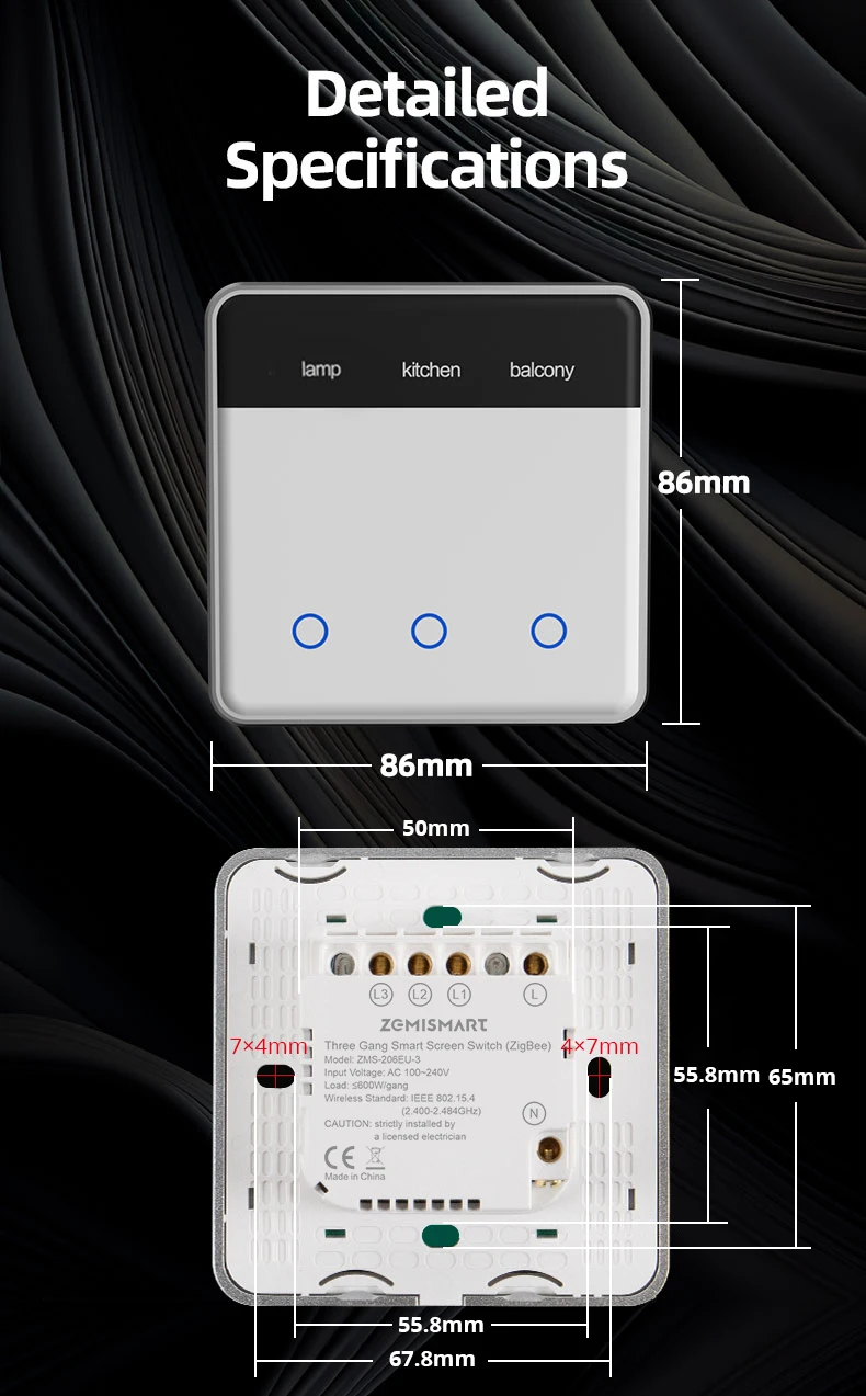 Zigbee DIY Name Switch with Display Screen Touch Panel EU Light Switch Works wit