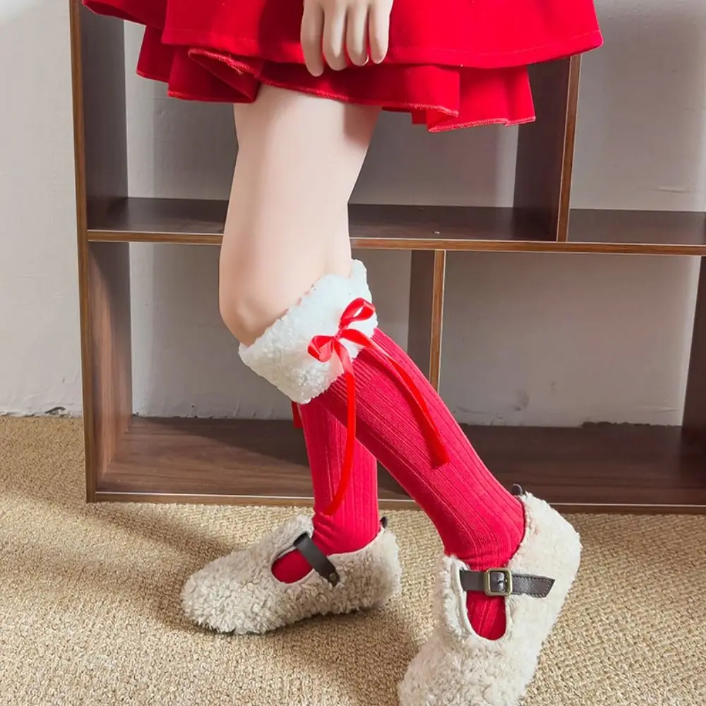 Casual Female Hosiery New Year Red Socks Cotton Thicken Children Red Socks Bow Floor Socks Middle Tube Socks For Girl
