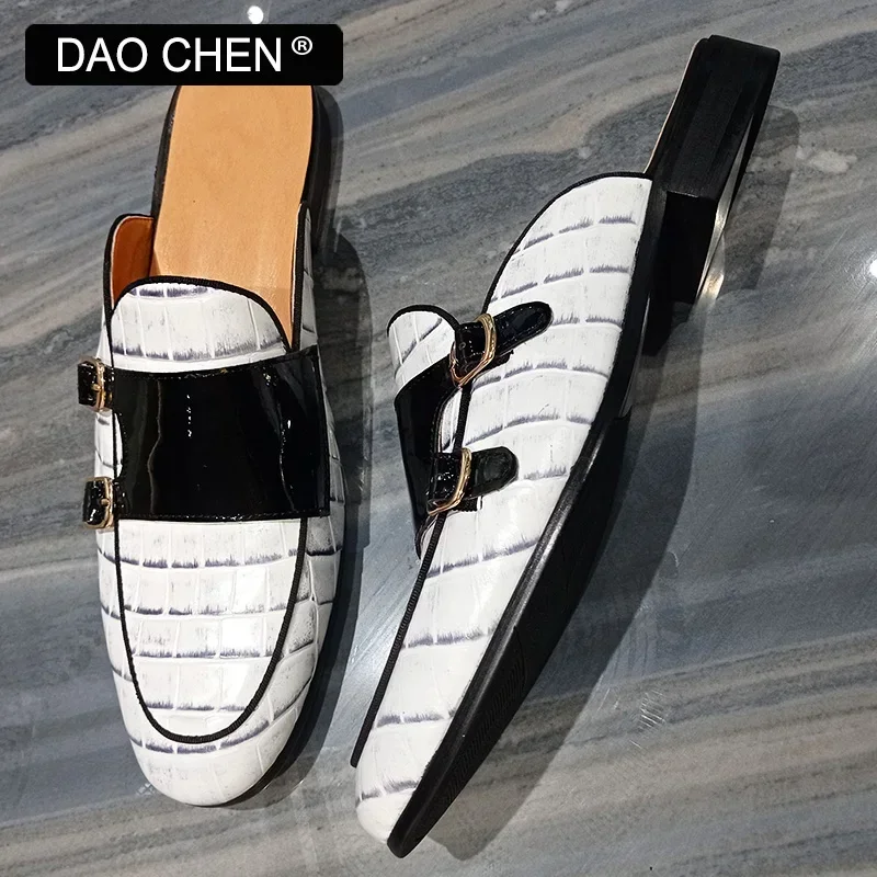 LUXURY BRAND MEN'S MULES HALF SHOES WHITE CROCODILE PRINT CASUAL DRESS MAN SHOE SUMMER COMFORTABLE LEATHER SHOES FOR MEN