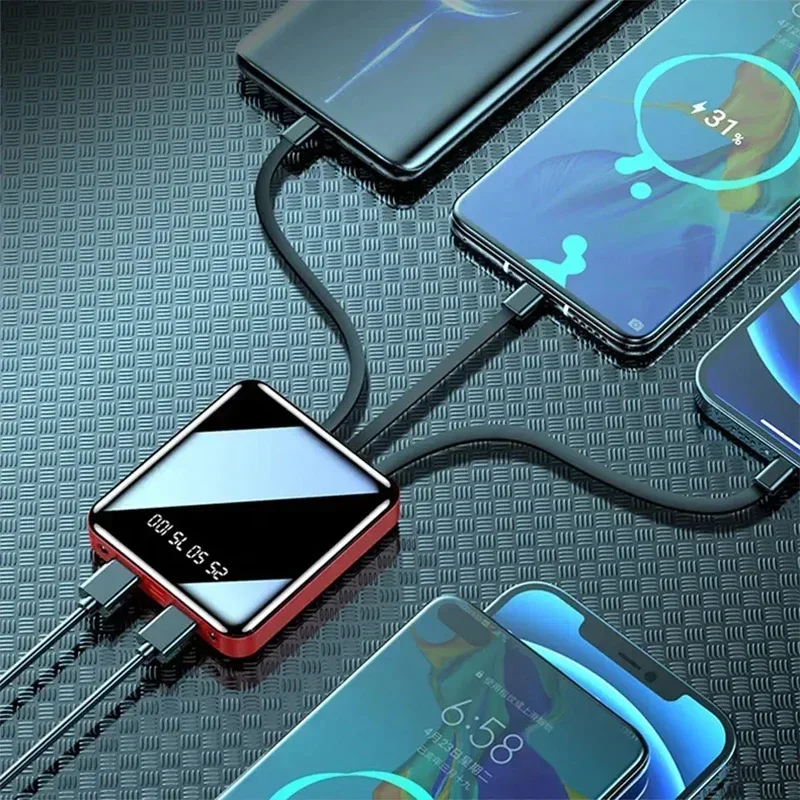 20000mAh Mini Power Bank with Cable Portable Charger Mirror Screen LED Digital Display Poverbank External Battery Power Bank 6