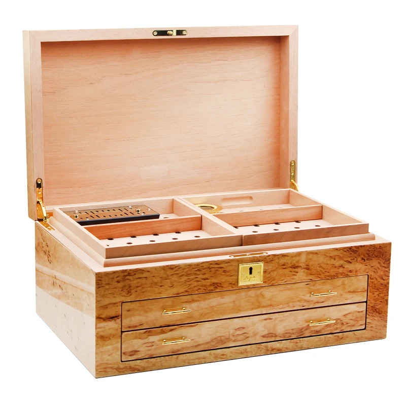  Caja de humidor de cigarros de lujo, caja de exhibición de  cigarros de cedro con capacidad para 30 puros, caja de almacenamiento de  cigarros con tapa de vidrio con humidificador higrómetro