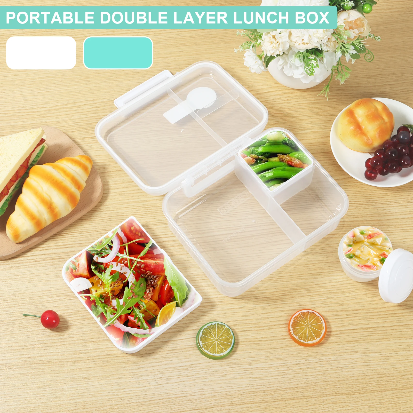 Snackle Box Container Double Layer Meal Prep Containers Reusable Snack Container Compact Salad Box with Removable Trays Sauce