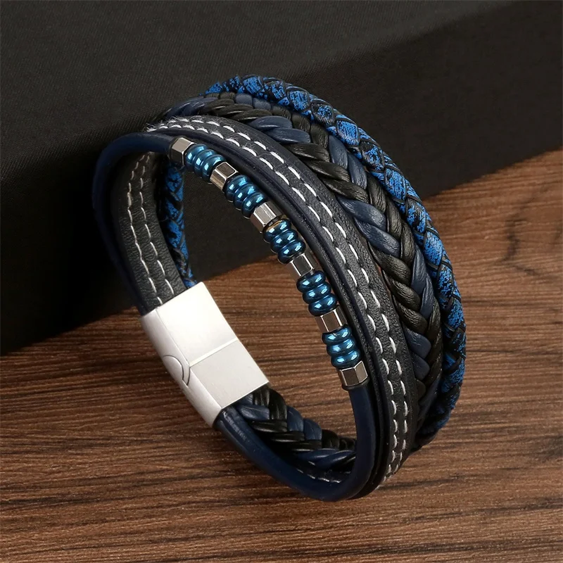 

New Classic Men's Leather Bracelet 21cm Multi layer Leather Men's Beaded Bracelet Fashion Jewelry Men's Casual Bracelet Gift