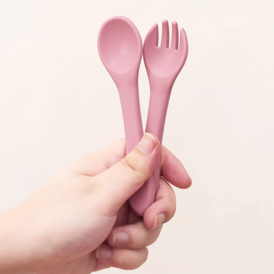 2PCS/Set Silicone Baby Utensils Food Grade Spoon Fork Eating