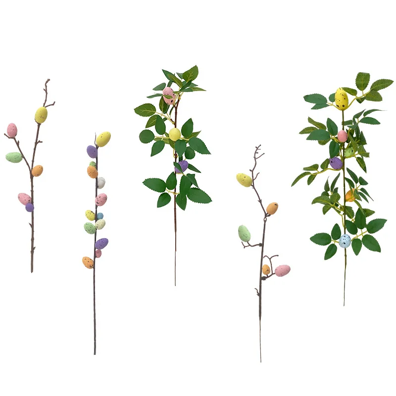 Uova Di Pasqua Ramo Di Albero Colorato Dipinto Schiuma Uovo Fiore Artificiale Foglia Verde Pianta Finta Festa Di Nozze Decorazione Vaso Per La Casa