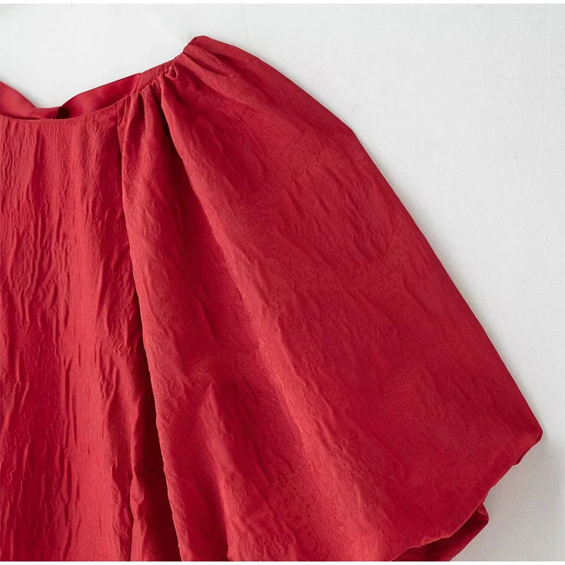 Minivestido retro con cordones en la espalda lisa para mujer, elegante, holgado, de manga corta abullonada, con cuello redondo, para fiesta navideña, ropa de calle