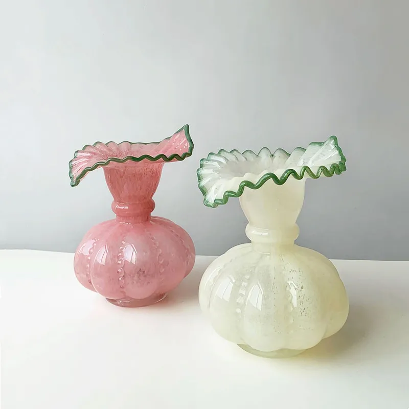 Glass Vase Pumpkin Shape Wave Edge Retro European Hand-made Glass Vase Floral Arrangement Accessories Terrarium Flower Vases 5