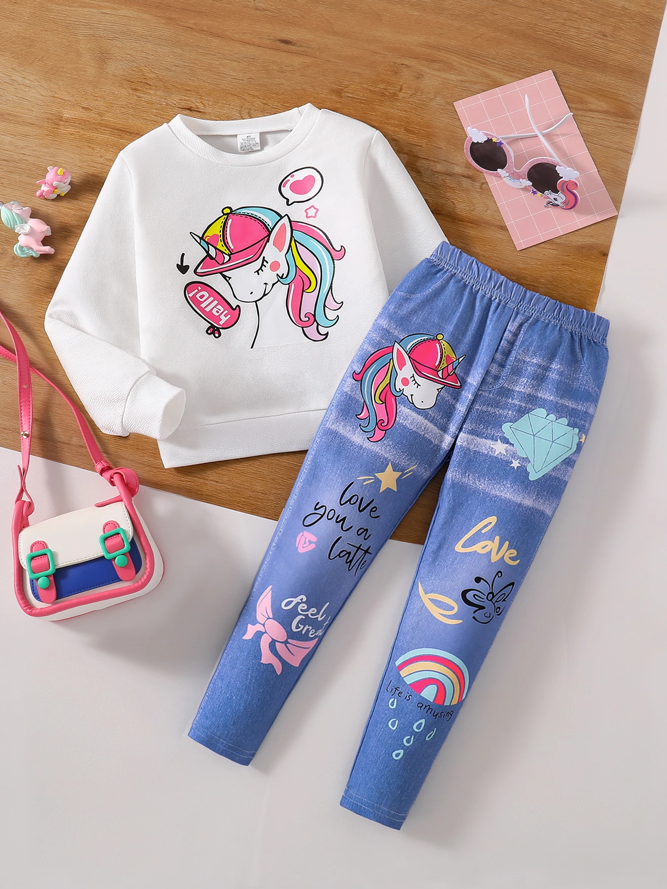 Children's clothing girls' fashion set autumn cartoon print white round neck long sleeved+slim fit pants 2-piece set 1