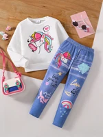 Children’s clothing girls’ fashion set autumn cartoon print white round neck long sleeved+slim fit pants 2-piece set