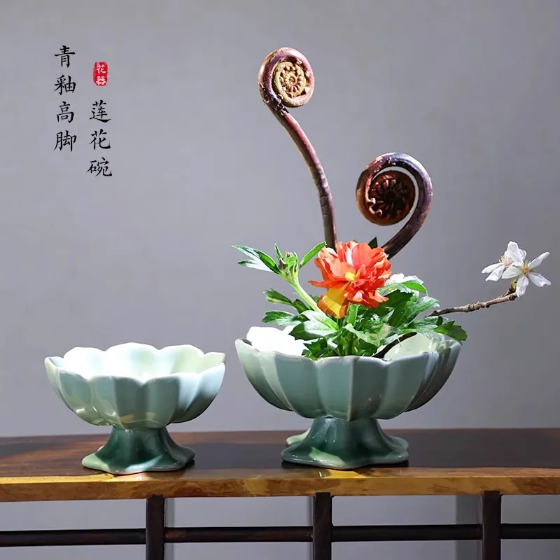 

Green Glaze Flower Pot Jingdezhen Ceramic Tabletop Decoration Chinese Zen High Foot Shallow Plate Kenzan Arrangement Vessels