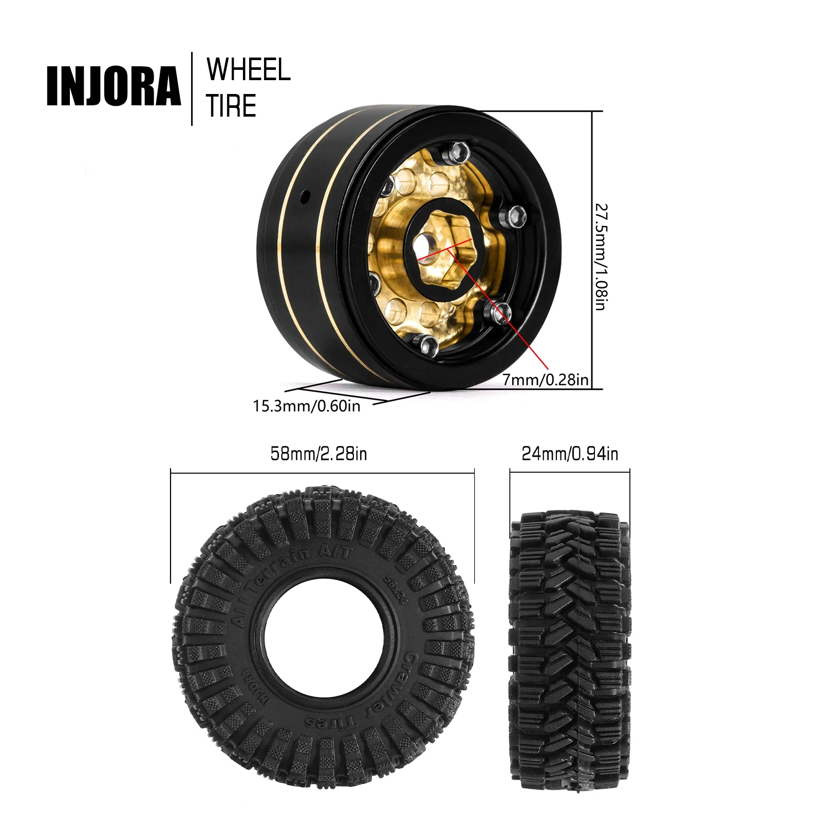 INJORA 블랙 코팅 황동 1.0 비드록 휠 타이어 세트 1/24 1/18 RC 크롤러 자동차 축 SCX24 AX24 TRX4M FCX24