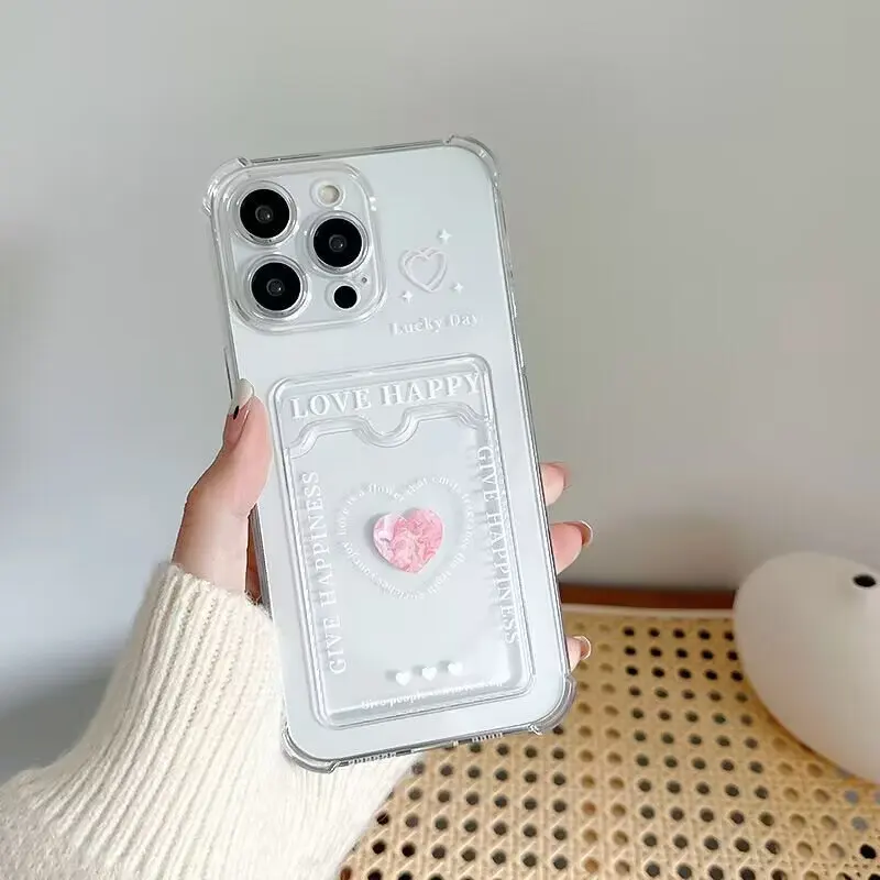 Love Heart Wallet Card Slot Case: Clear Soft Silicone Protective Cover