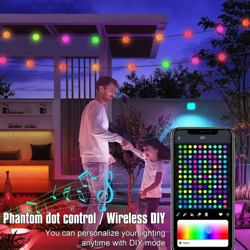 Description Picture 4 of item5/10M RGB IC Fairy String Light LED Ball Lamp Bluetooth Multi-Color Waterproof Outdoor Wedding Party Christmas Tree Decor Lamp