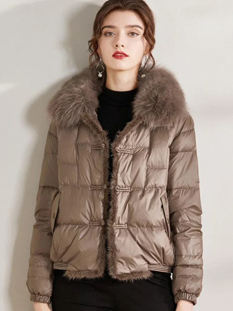 

2023 Real Fox Fur Collar Winter Women 90%White Duck Down Jacket Ladies Short Warm Puffer Coat Female Loose Vintage Parka