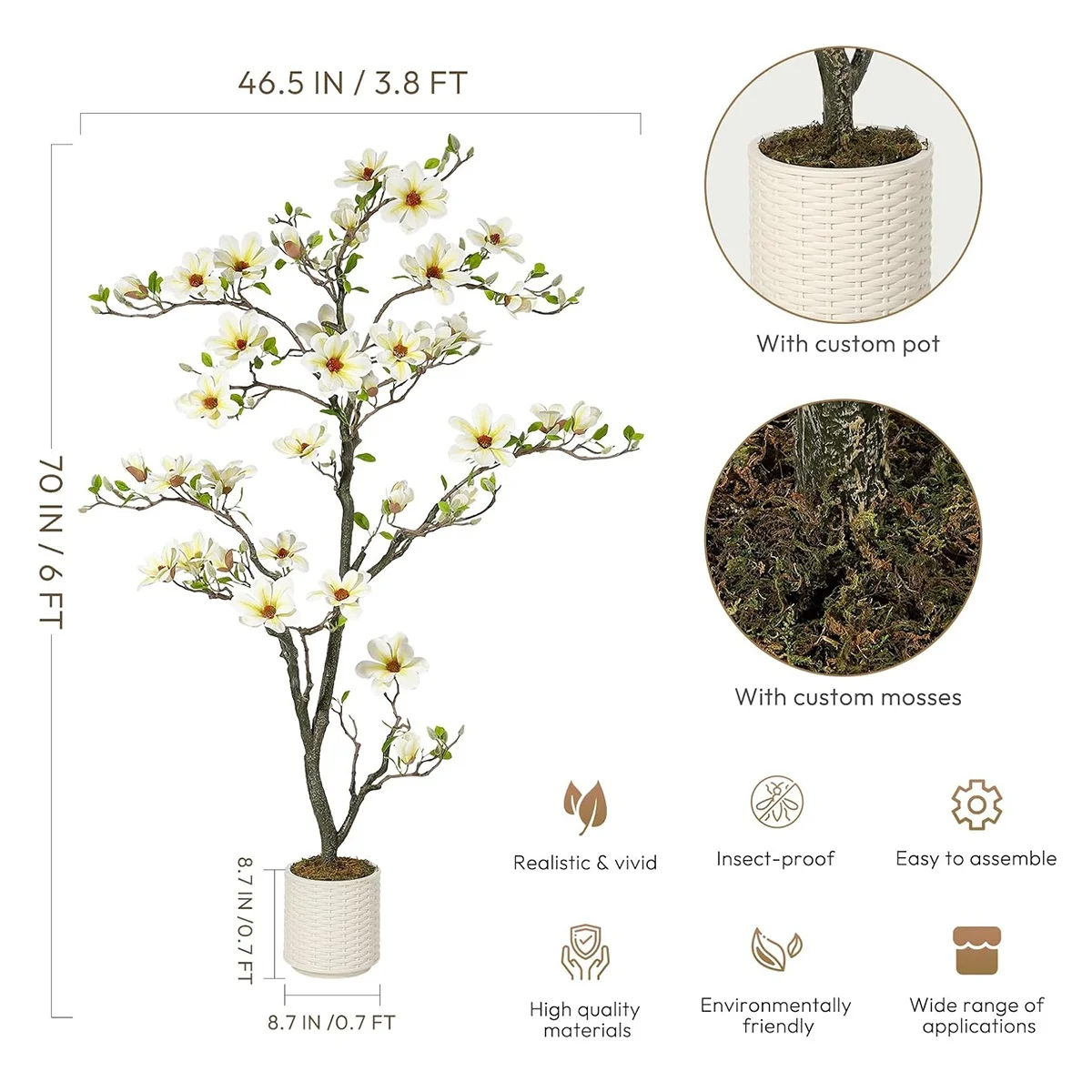 120 cm/150 cm/180 cm hoher künstlicher Magnolienbaum, künstliche Magnolienpflanze, künstliche Blumenbäume, künstliche Pflanzen für die Dekoration zu Hause und im Büro – Detail 16