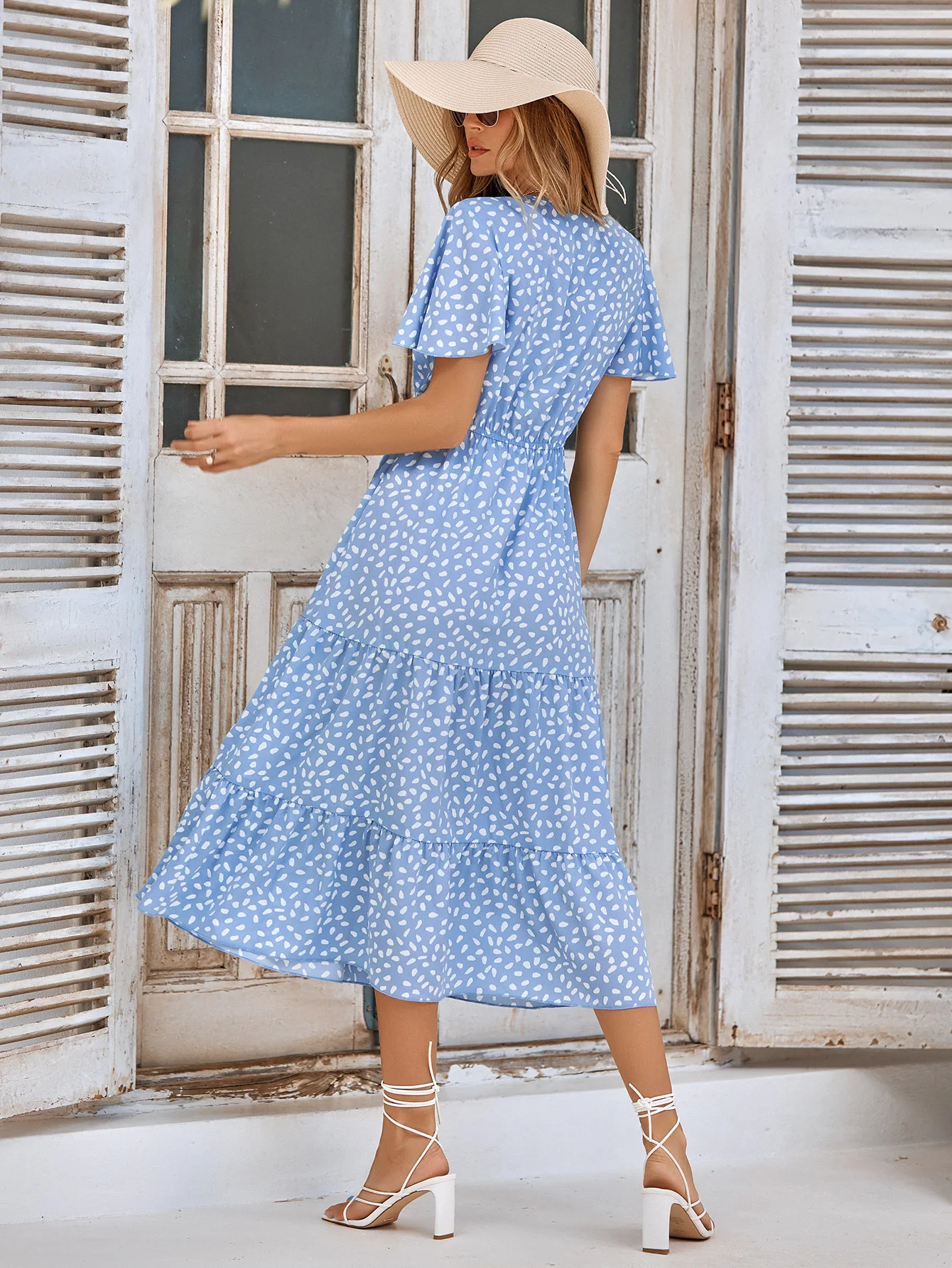 Khaki Leopard Print V Neck Ruffled Sleeve Tiered Loose Mini Dress