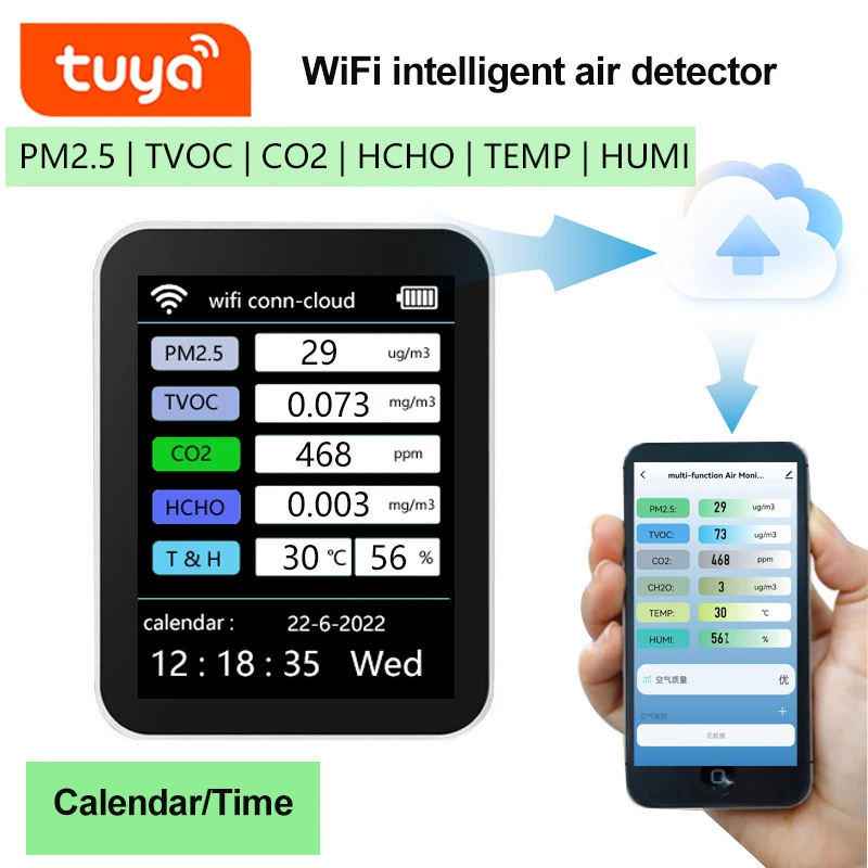 

6 In 1 Multifunctional Detector Tuya WiFi Portable Air Quality Detector TVOC CO2 Gases CH2O Temperature Humidity Detecting
