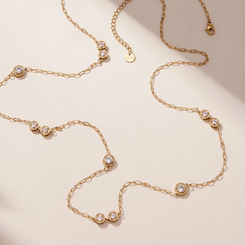 86 cm Lange Halskette Für Frauen Edelstahl Vergoldet Runde Glänzende Zirkon Anhänger Halskette frauen Luxus Schmuck – Detail 6