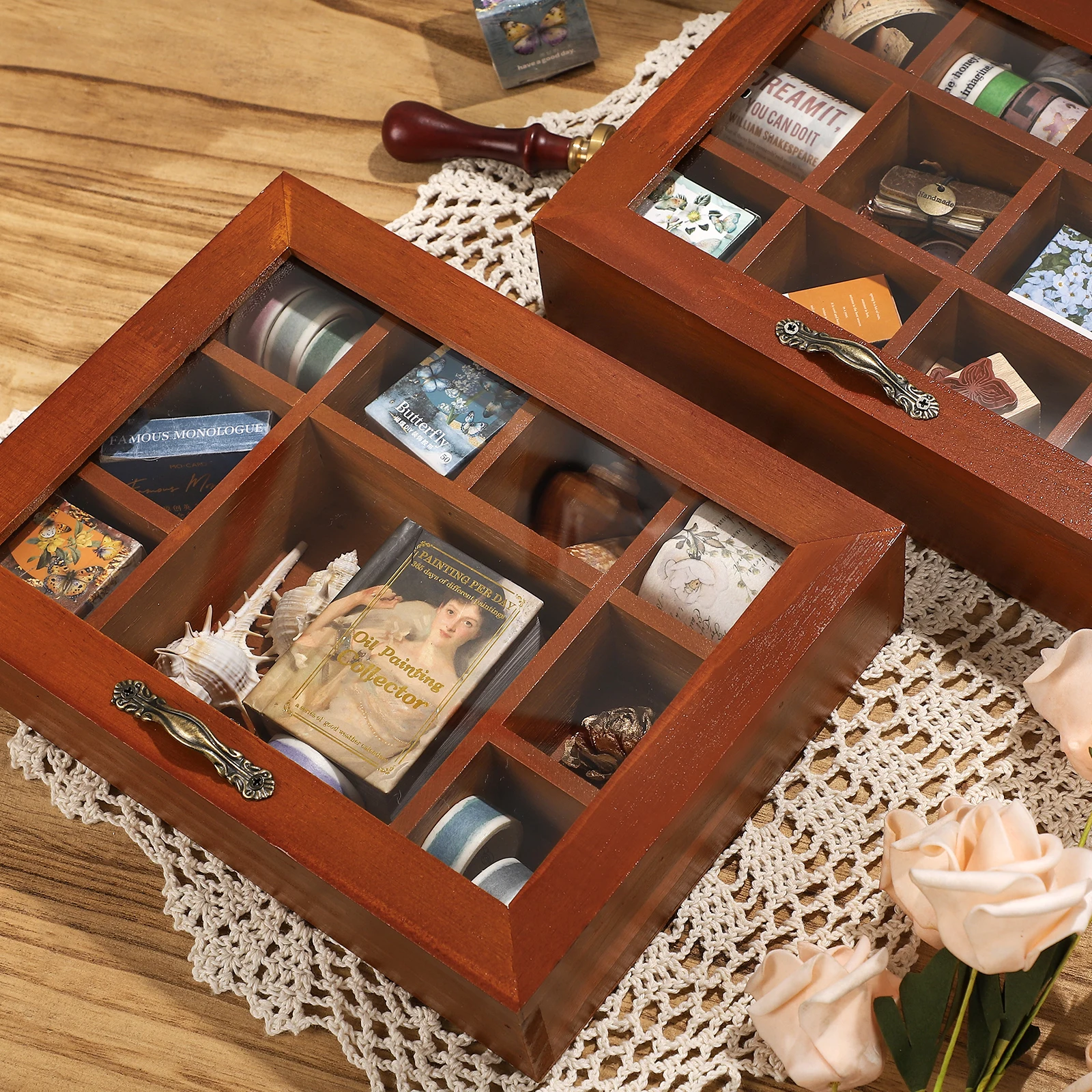 9/12 Grid Vintage Solid Wood Jewelry Storage Box Creative DIY Journal Material Storage Student Supplies Stationery