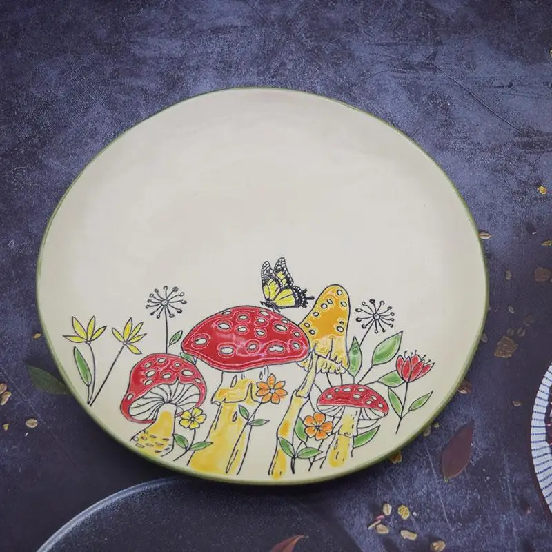 Creative hand-painted ceramic plate, vegetable board, household tableware, steak board, round plate, European glass fruit plate