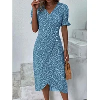 Elegant Floral Pleated H shaped Midi Dress Female V Neck Puff Sleeve Waist Ruched Button Dresses Women Summer Dress Robe - Image 2