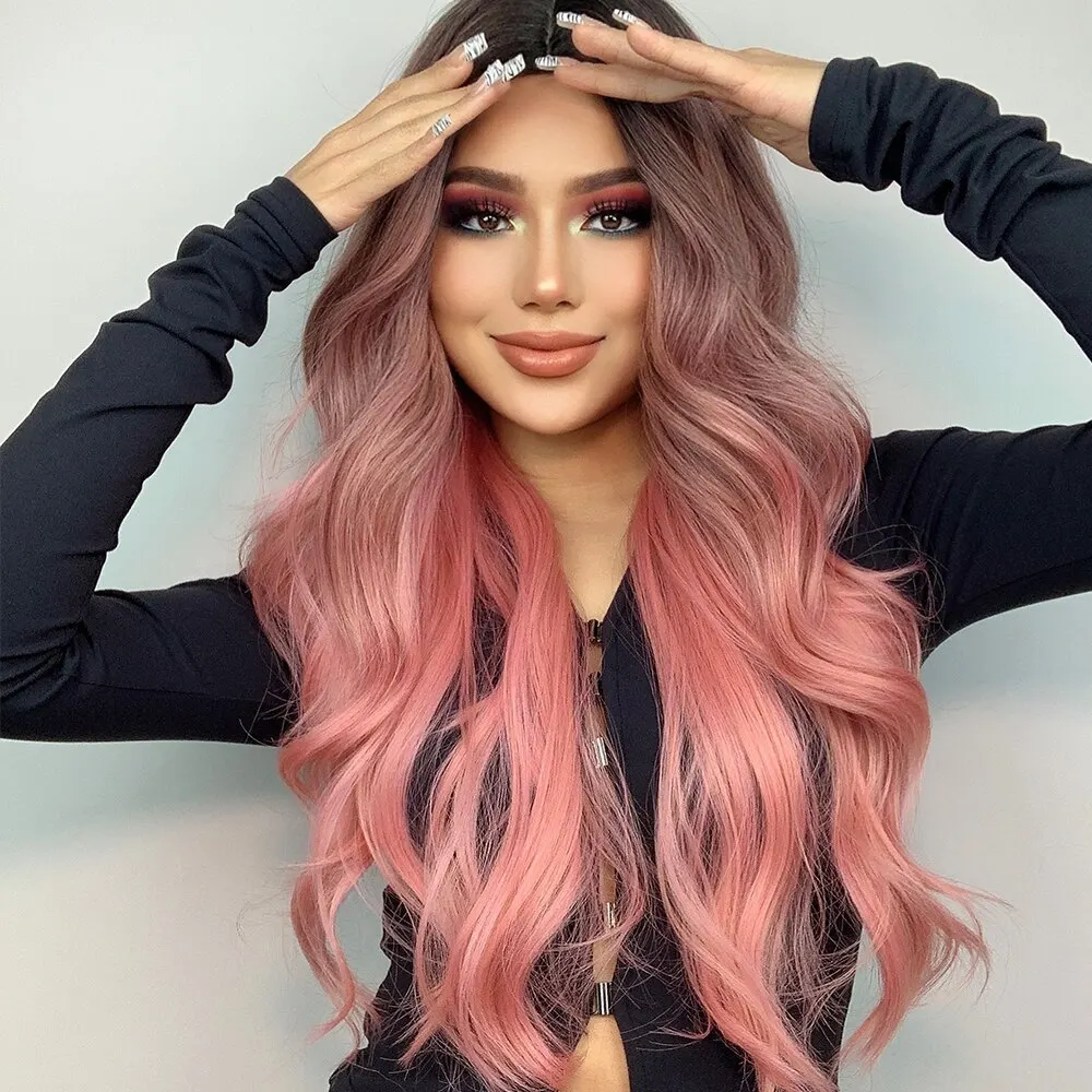 Synthetic Ombre Black Pink Long Body Wave Cosplay Wig