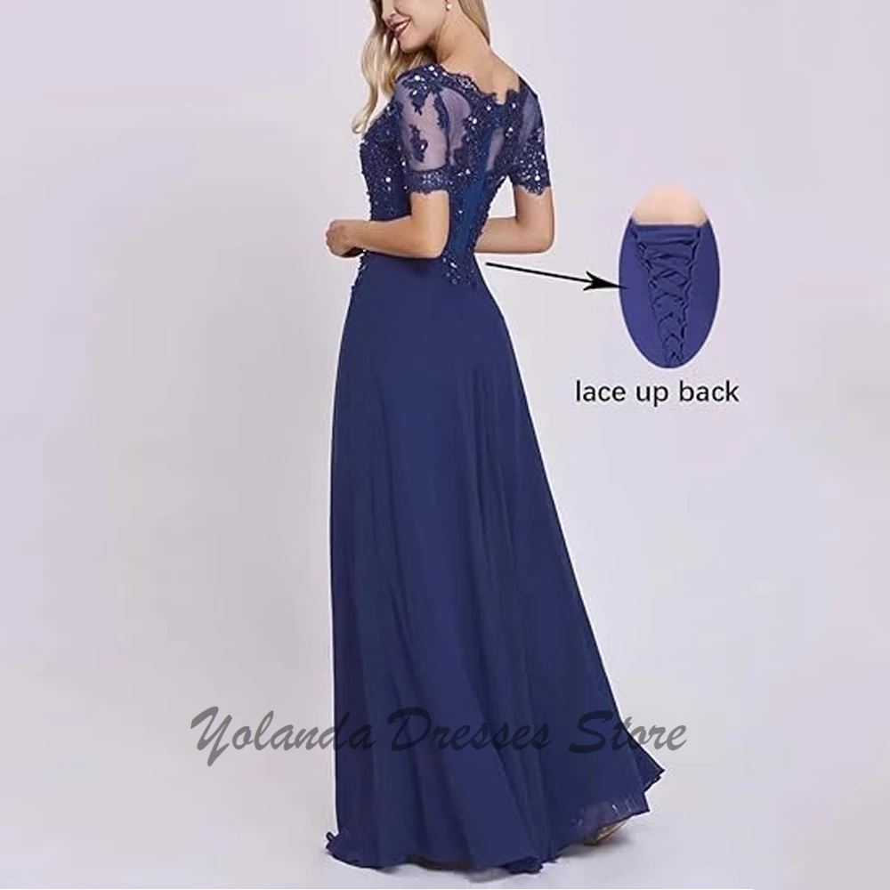 Modern Half Sleeves Bridesmaid Dresses for Wedding Scoop Neck Lace Up Formal Dress Floor Length Appliques Lace Evening Gown